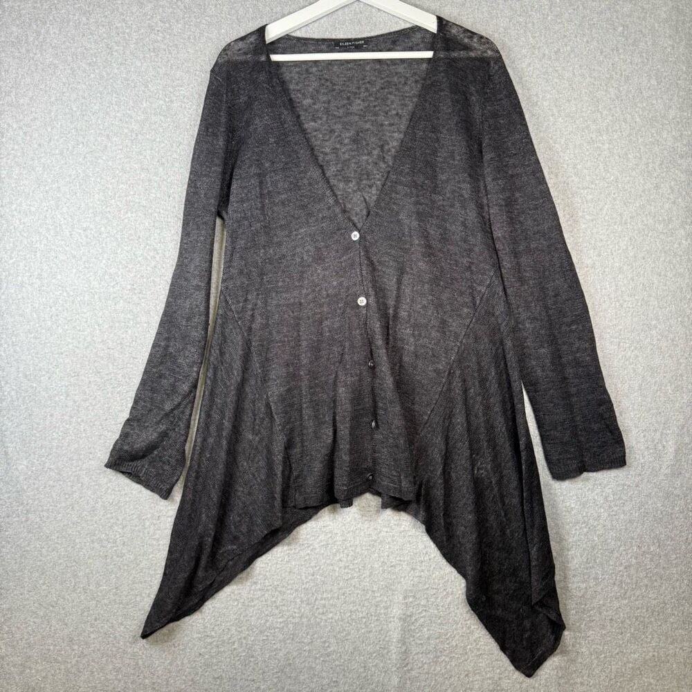 Eileen Fisher Womens Small 100% Linen Button Front Cardigan Gray Sharkbite Hem